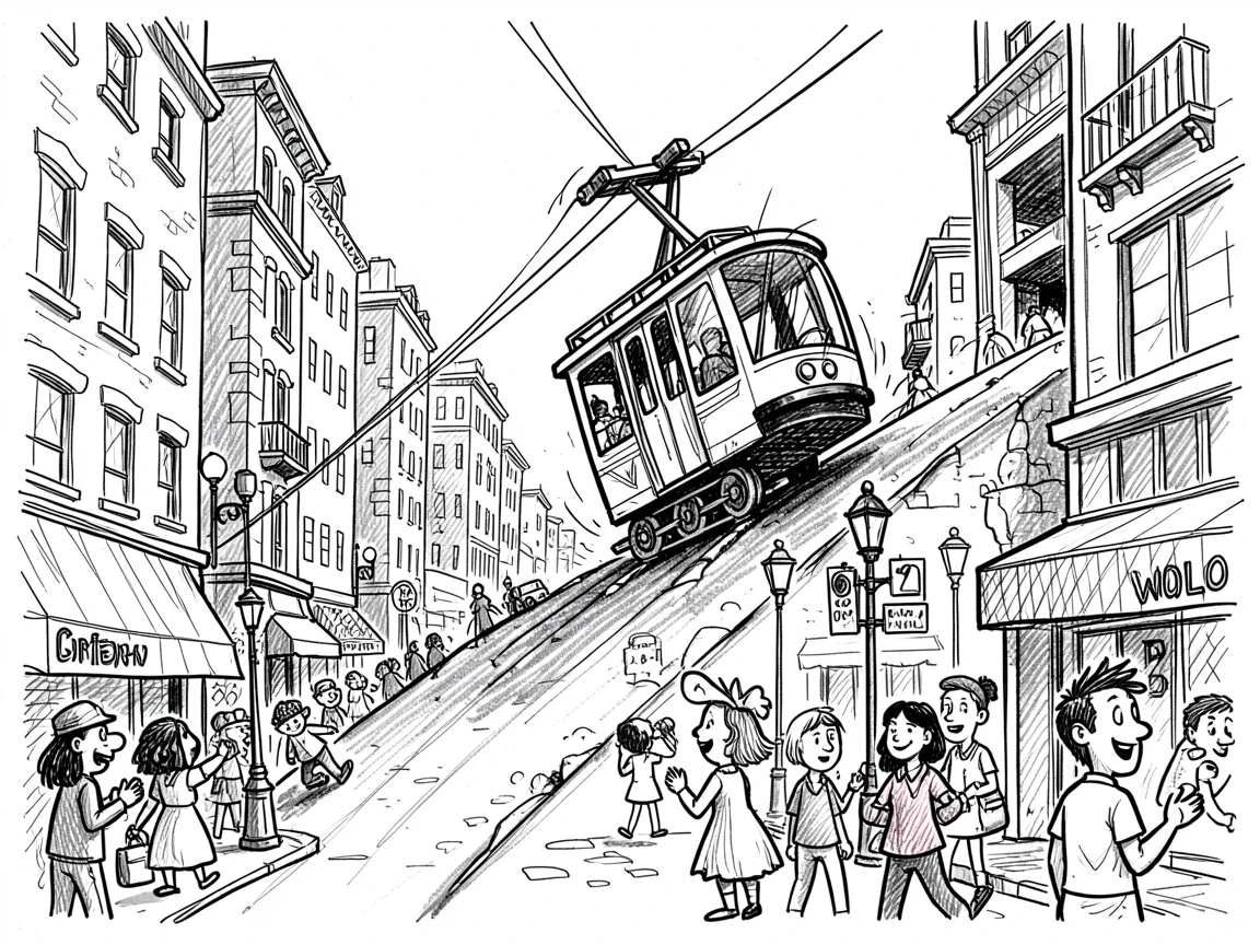 A cable car climbing a steep hill navigating a bustling city street.