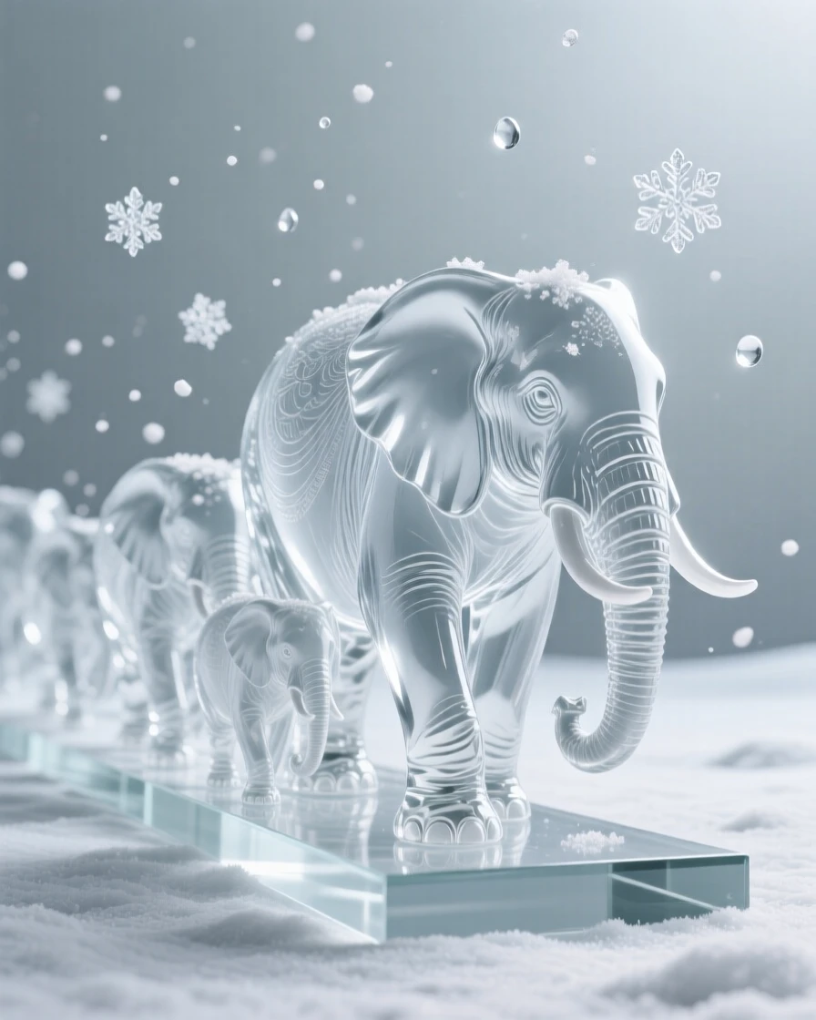 A herd of elephants walking in a line across an open plain, with the first snow of winter beginning to fall