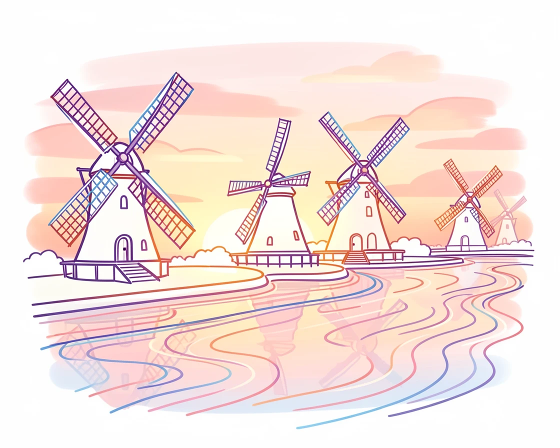 A row of Dutch windmills turning slowly along a canal at sunset.