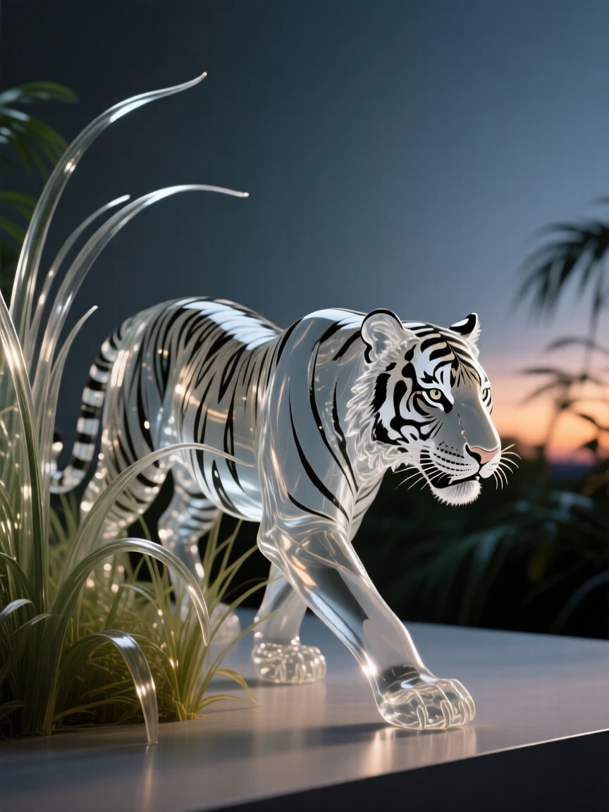 A tiger prowling through tall jungle grass at dusk surrounded by tall grass swaying in the breeze