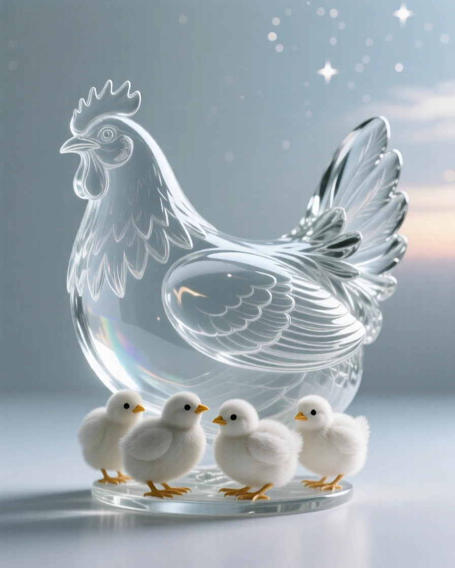 Beneath a sky filled with early morning stars, a mother hen sheltering her chicks beneath her wings