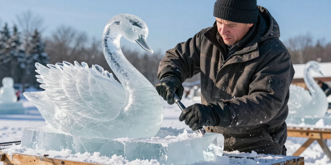 An ice sculptor carving a swan from a block of ice