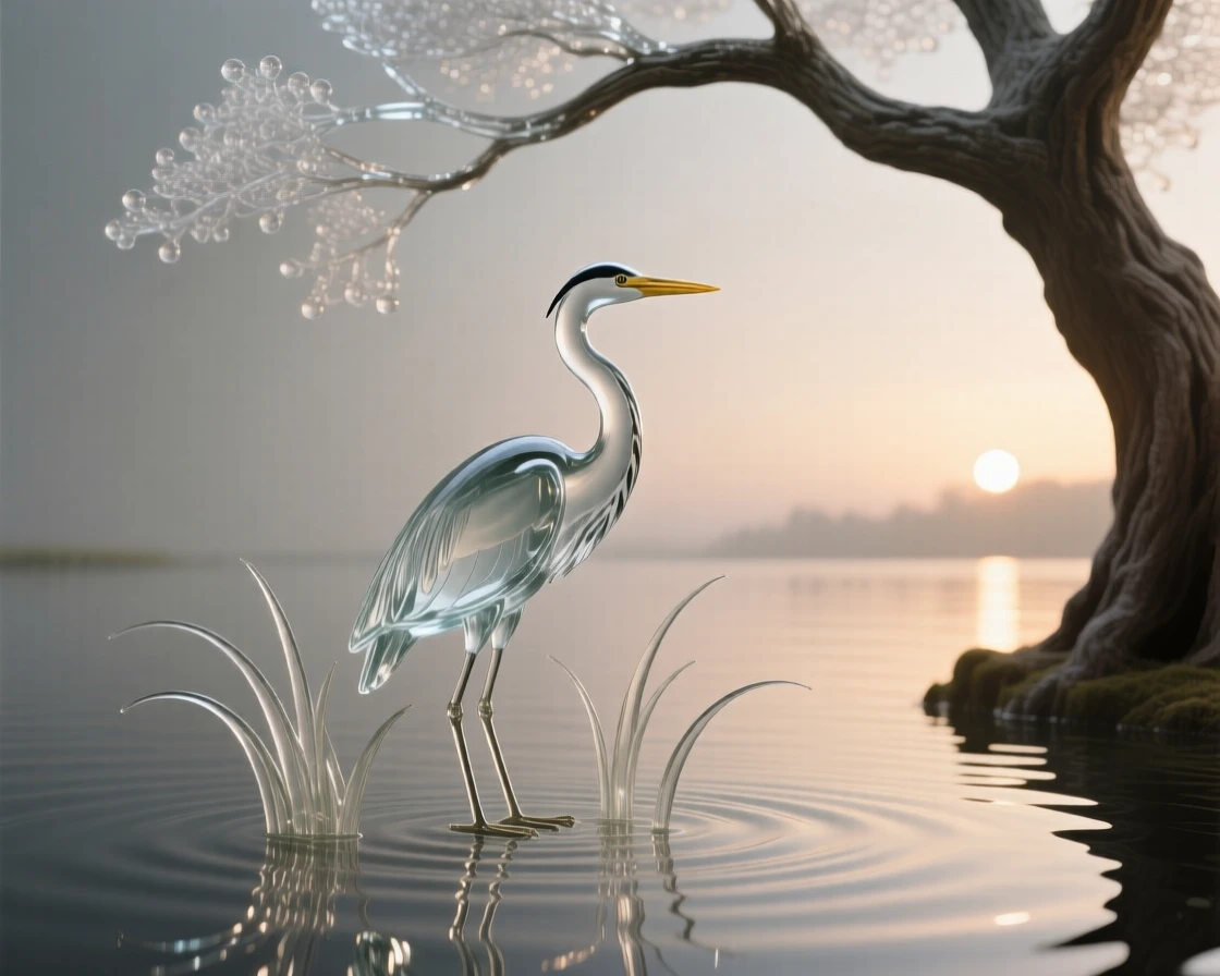 A heron standing motionless in a still lake at sunrise beneath the outstretched branches of an ancient tree, while a soft wind stirs the surrounding grass