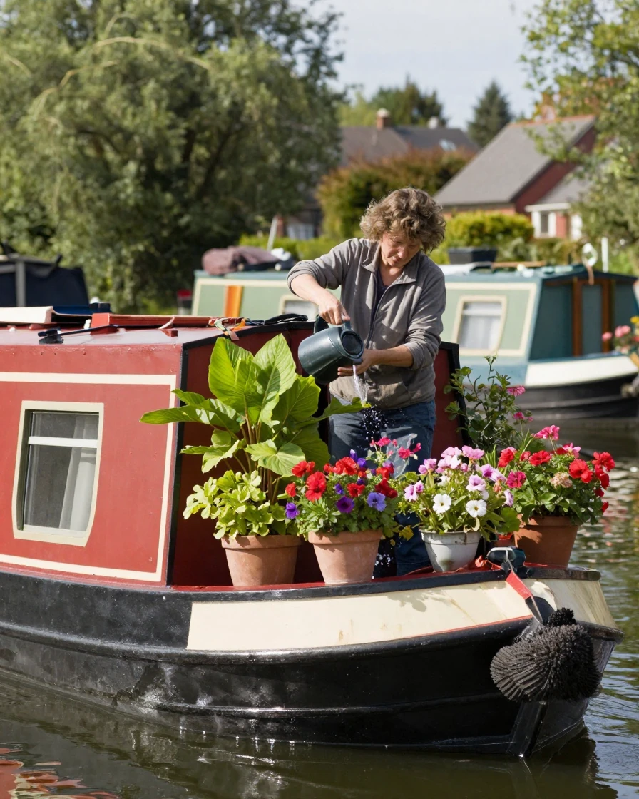 A canal boat owner waters potted flowers lining the roof of her floating home.