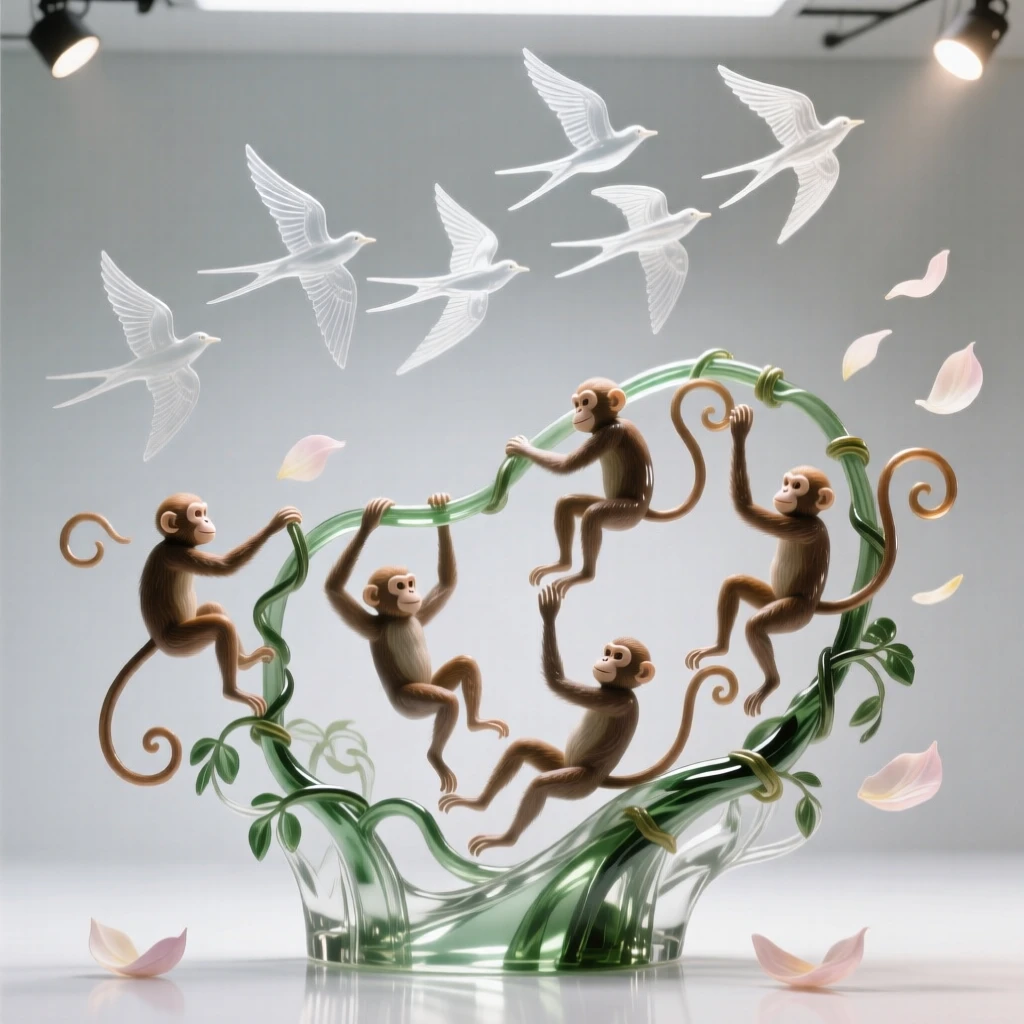 While migratory birds pass overhead in formation, a troop of monkeys swinging between jungle vines, while petals drift slowly through the air