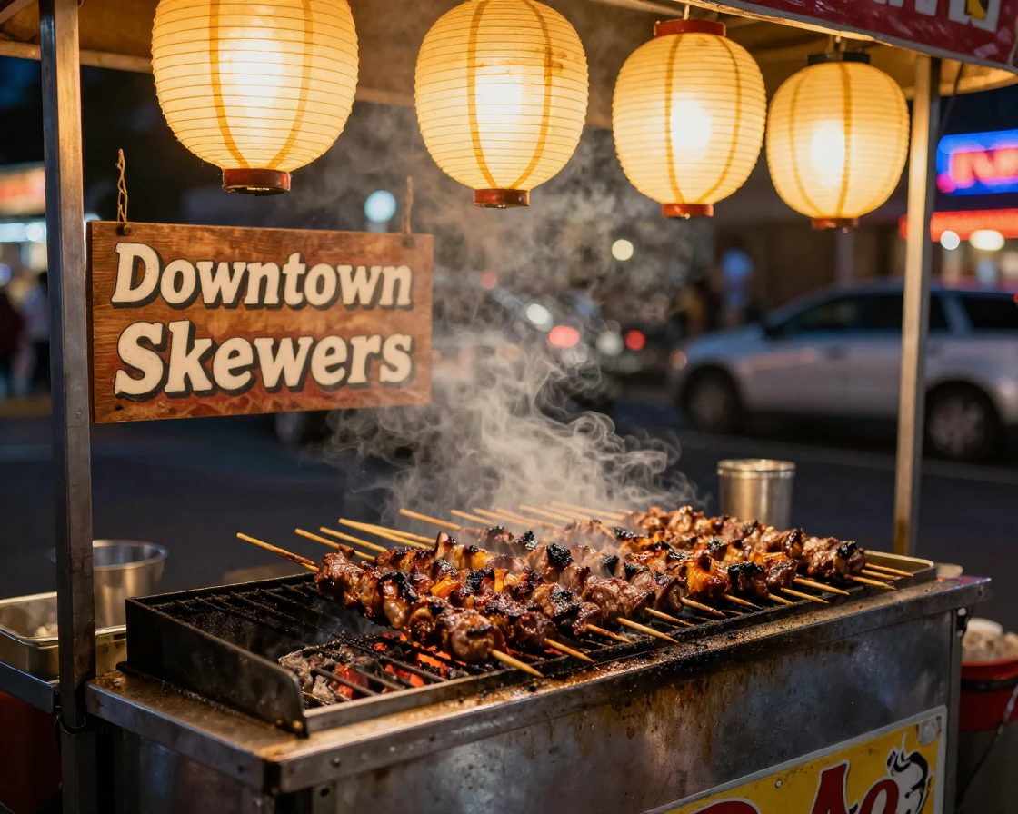 A sizzling street food cart grilling skewers of meat under glowing lanterns