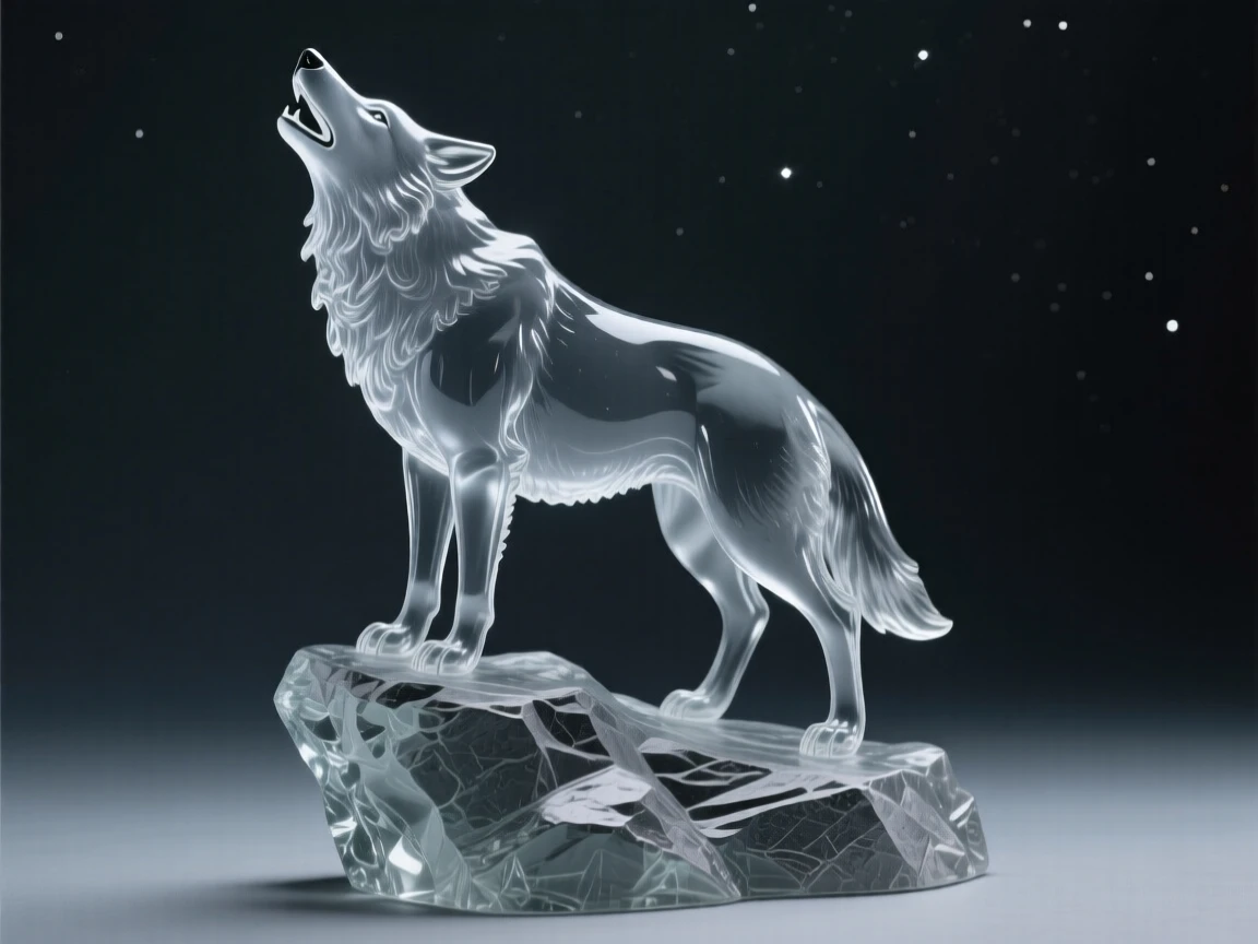 A gray wolf howling atop a rocky outcrop, beneath a sky filled with early morning stars