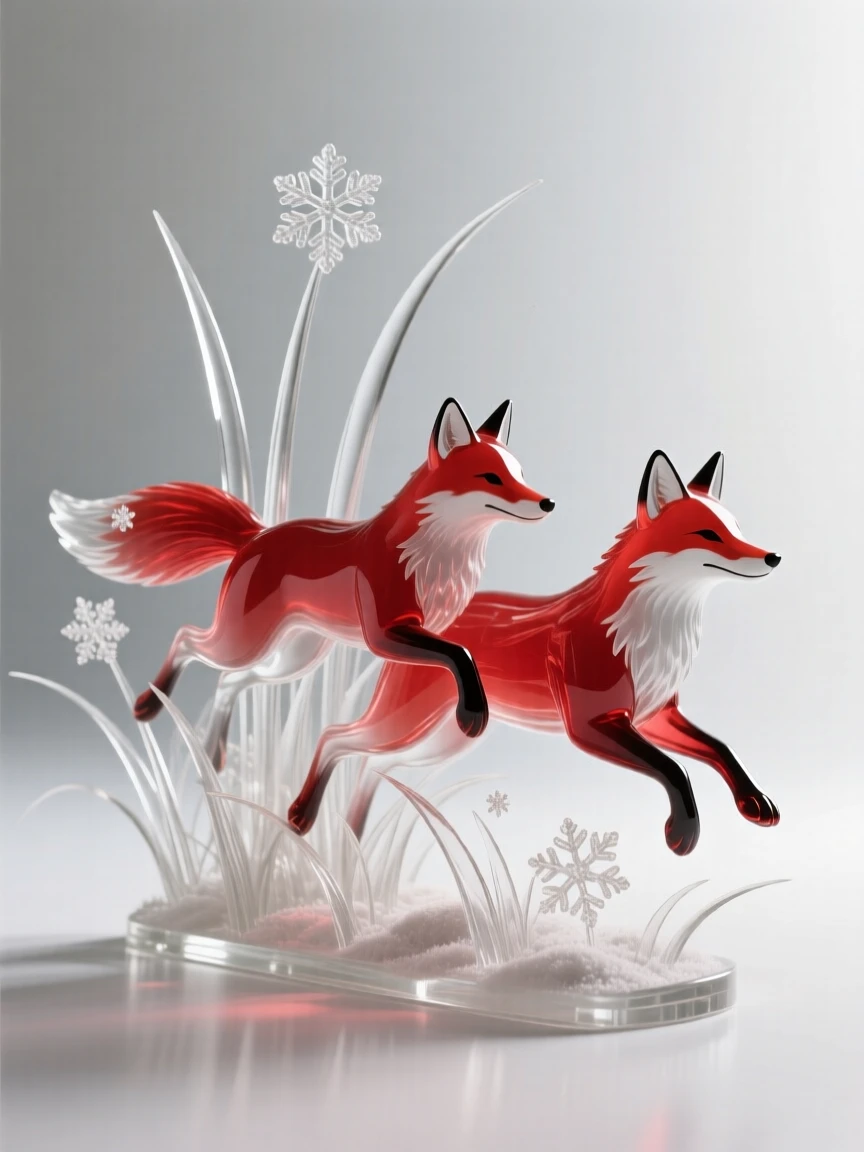 A pair of red foxes chasing each other through tall grass while snowflakes settle quietly on their fur