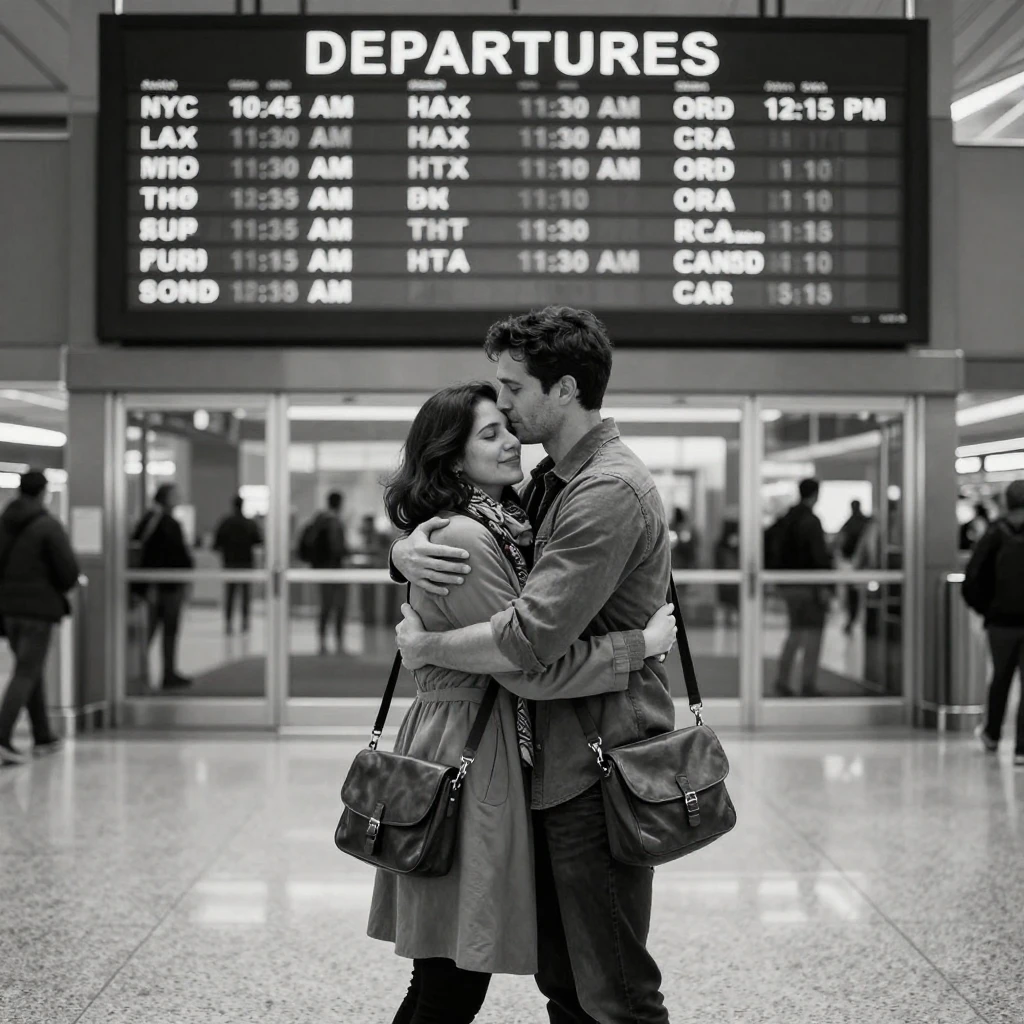 A long-distance couple reunite at the arrivals gate beneath a departures board.
