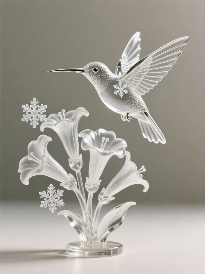 A hummingbird hovering beside a cluster of trumpet flowers while snowflakes settle quietly on their fur