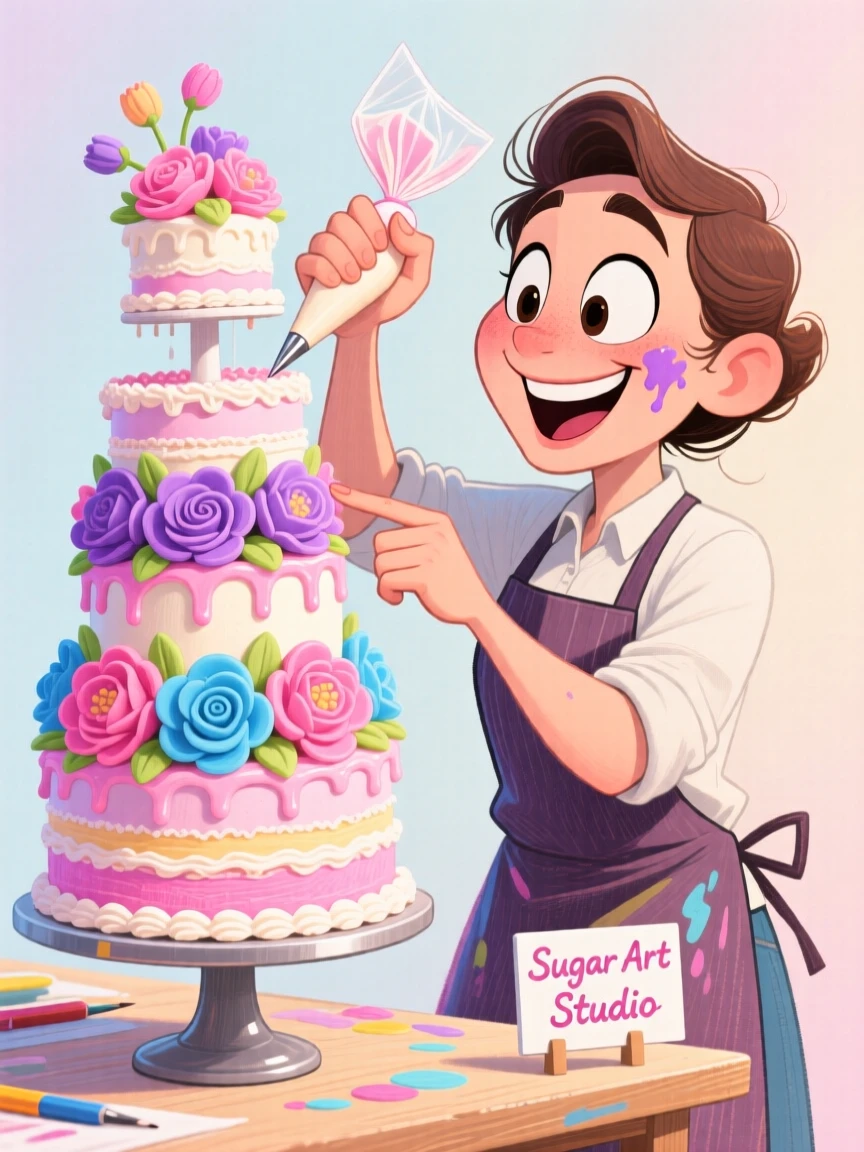 A cake decorator piping delicate sugar flowers onto a multi-tiered cake.