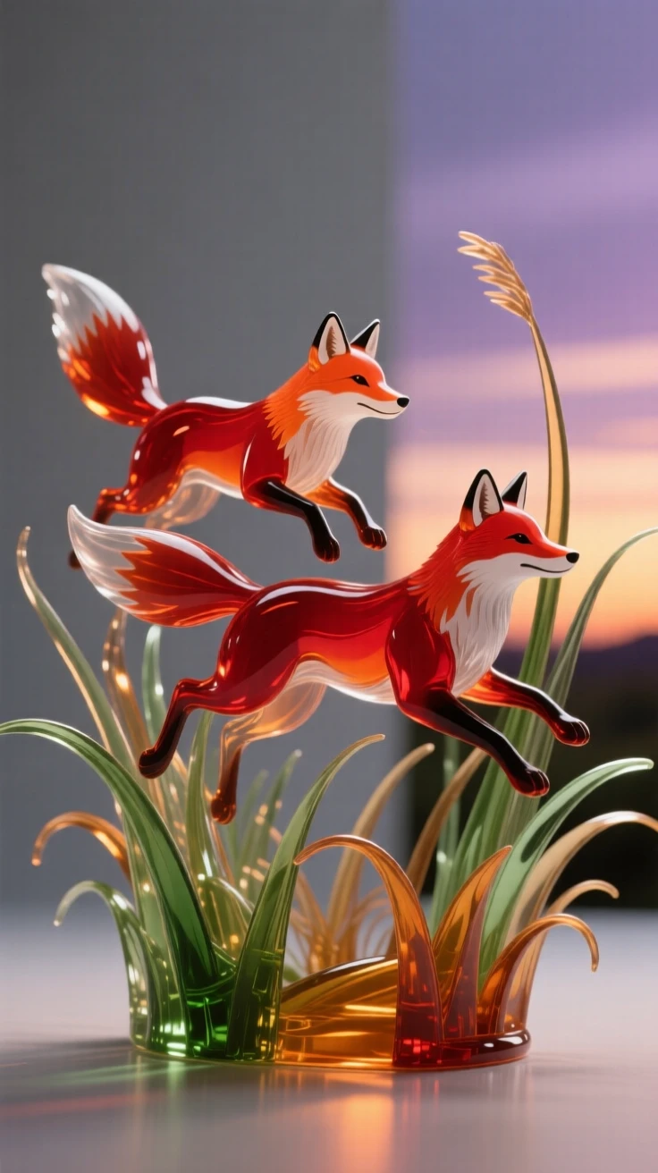 As fireflies begin to glow in the twilight air, a pair of red foxes chasing each other through tall grass, while a soft wind stirs the surrounding grass