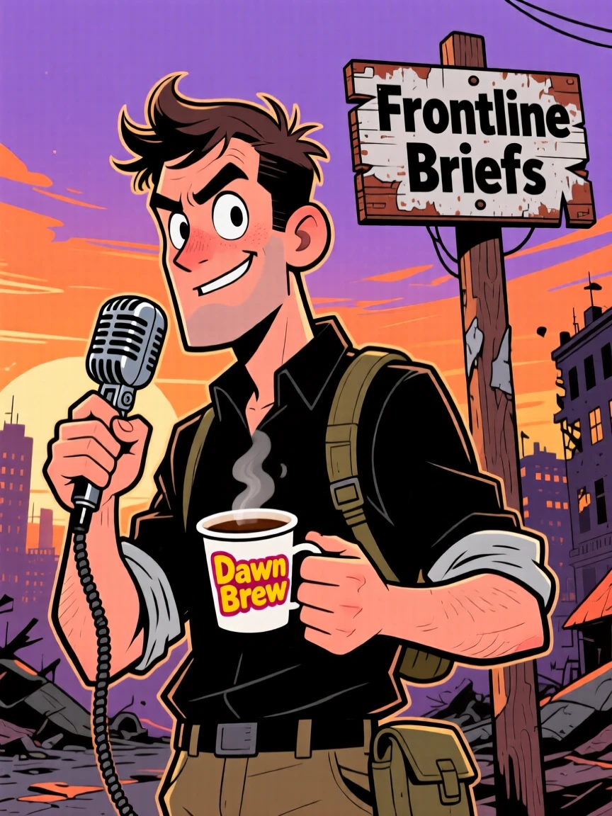 A vibrant profession-themed portrait of a bold war correspondent mid-task with sleeves rolled up and tools in hand, at the crack of dawn with coffee in hand.