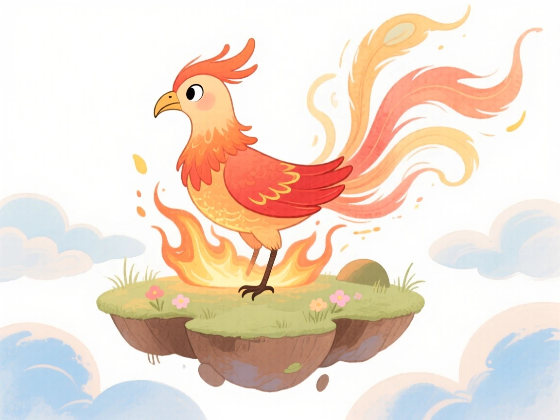 A phoenix rising from embers standing atop a floating island in the clouds