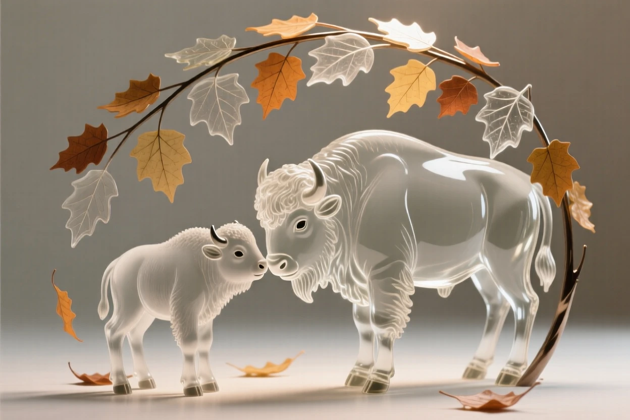 A bison calf nuzzling against its mother beneath a canopy of autumn leaves drifting to the ground
