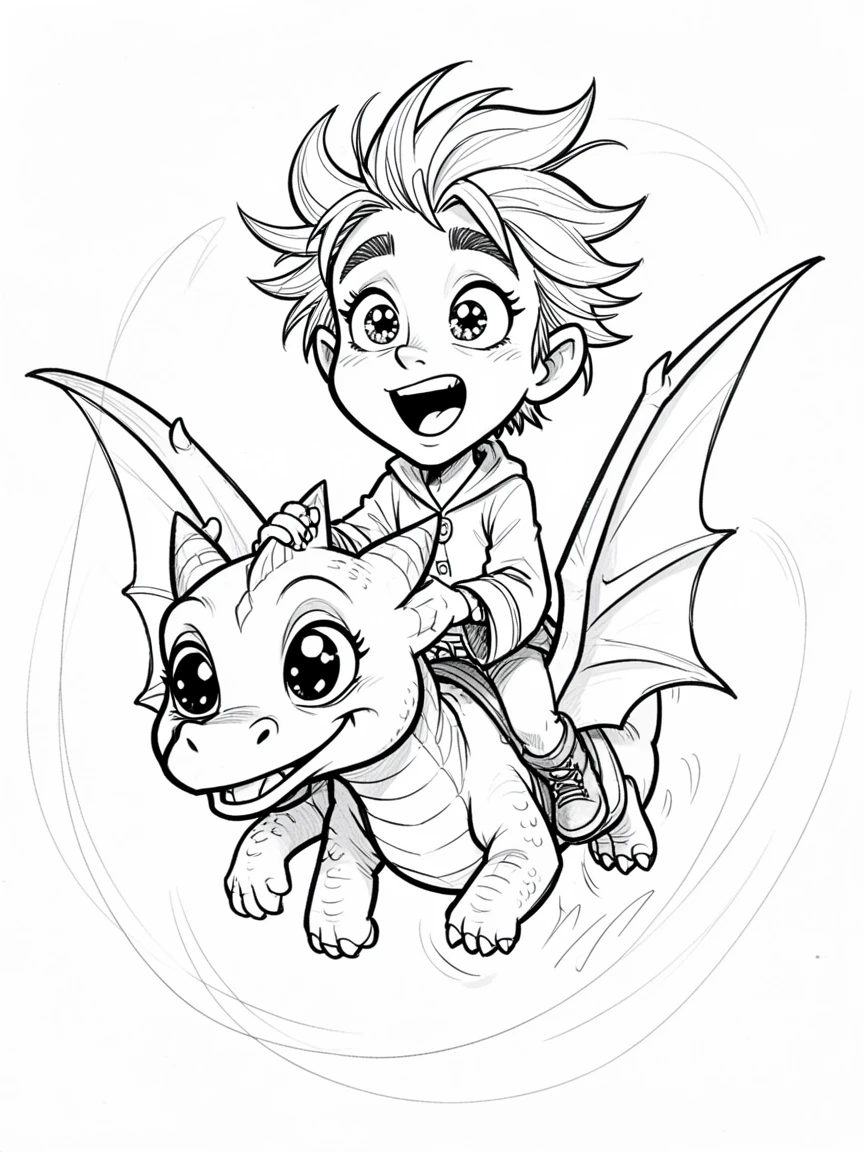 [Fantasy & Imaginative Scenarios] Imaginative fantasy scene of a dragon tamer riding bareback on a friendly baby dragon, brimming with wonder