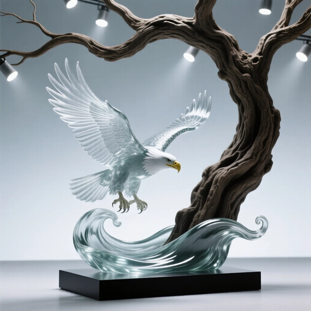 Beneath the outstretched branches of an ancient tree, a bald eagle diving toward a rushing river