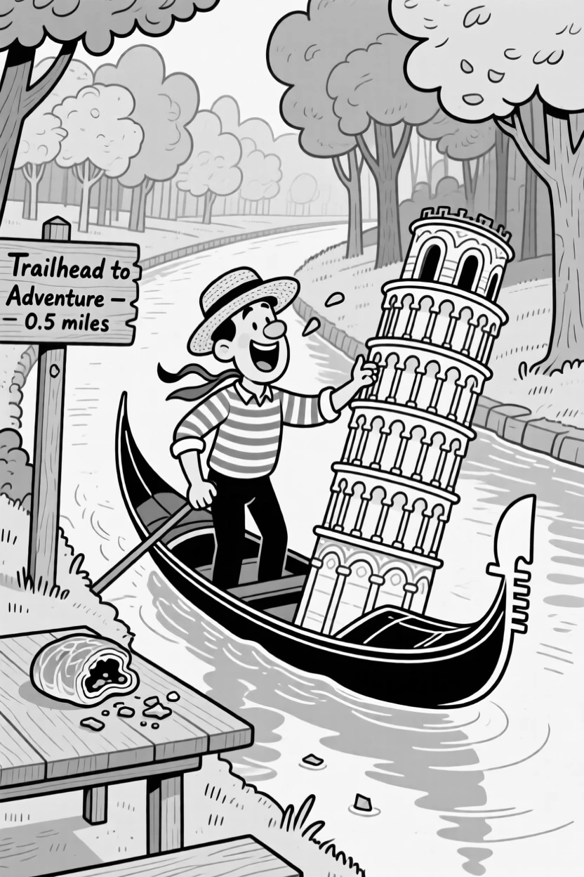 A gondolier singing enthusiastically down a canal, pretending to push the tower back into place, set at the start of a forested hiking trail. A half-eaten pastry balances precariously on the table's edge. It radiates wanderlust and the fun of getting a little lost.