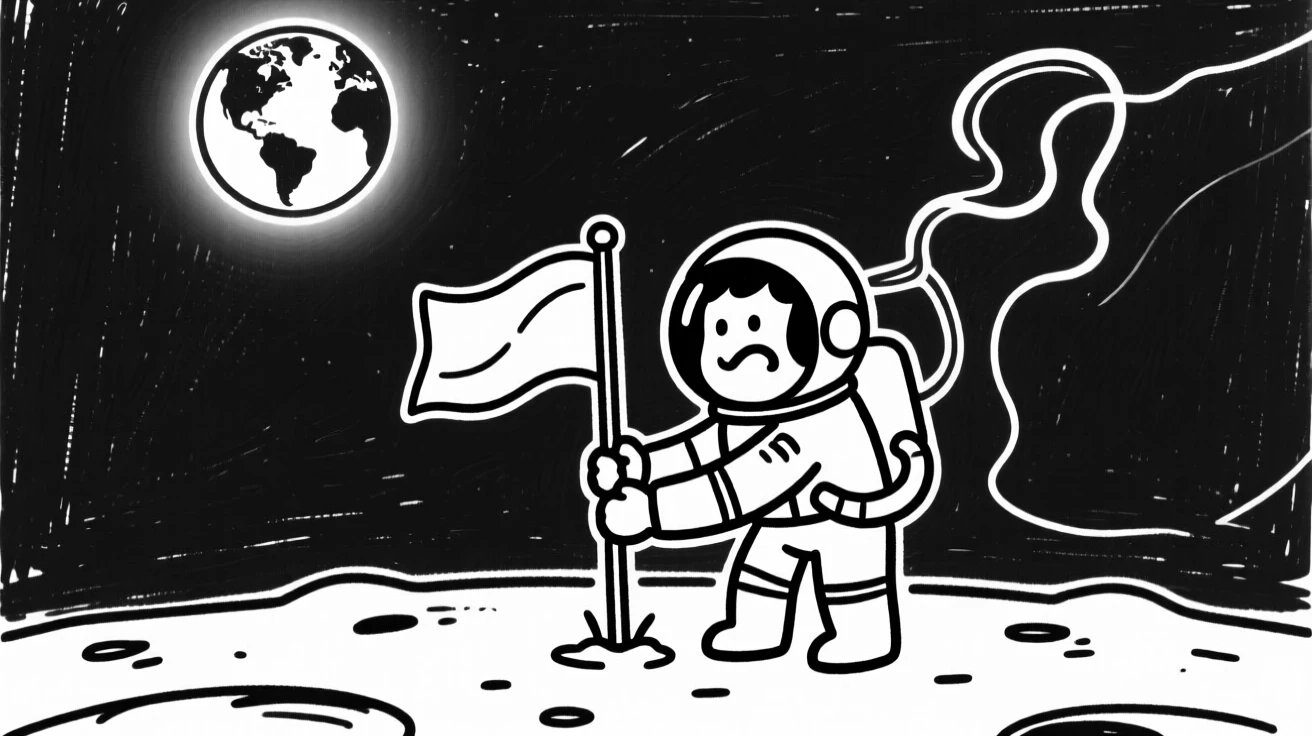 A astronaut planting a flag on the surface of the moon, Earth glowing in the sky above.