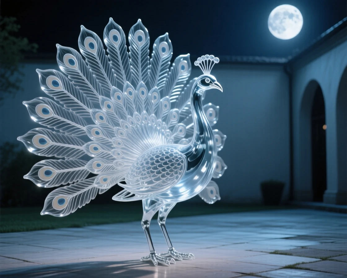A peacock fanning its tail feathers in a courtyard, under the watchful glow of a rising full moon