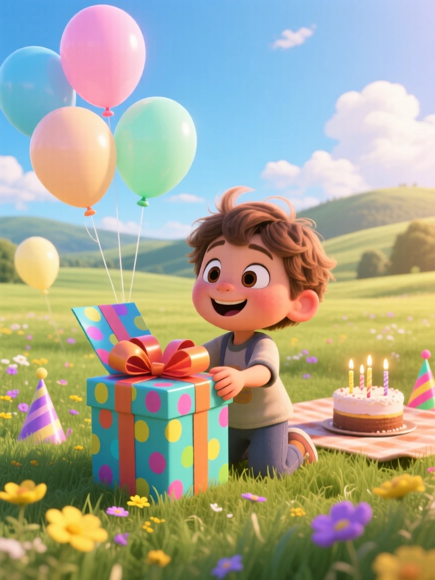 A child receiving a surprise birthday gift unfolds in a wide open field under a bright blue sky, with balloons floating gently upward. A heartfelt sense of happiness fills the moment.