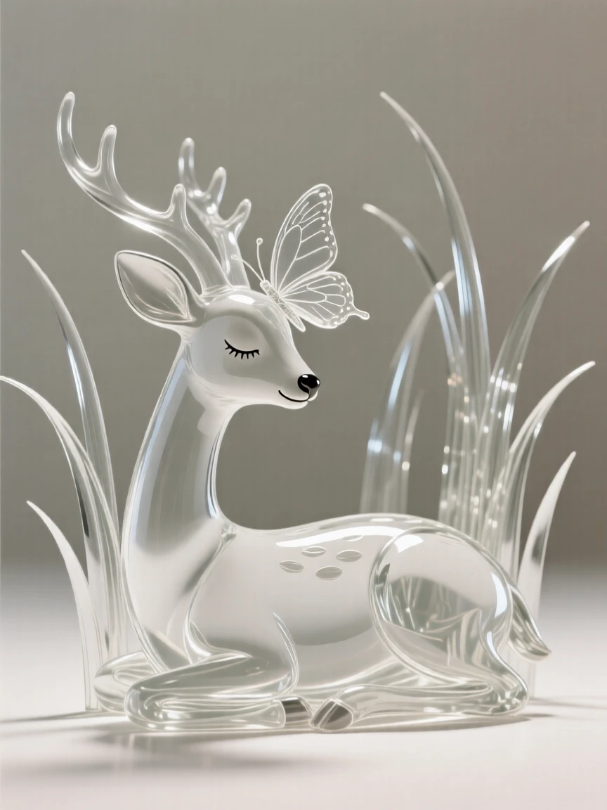 A butterfly resting on the nose of a sleeping fawn, surrounded by tall grass swaying in the breeze