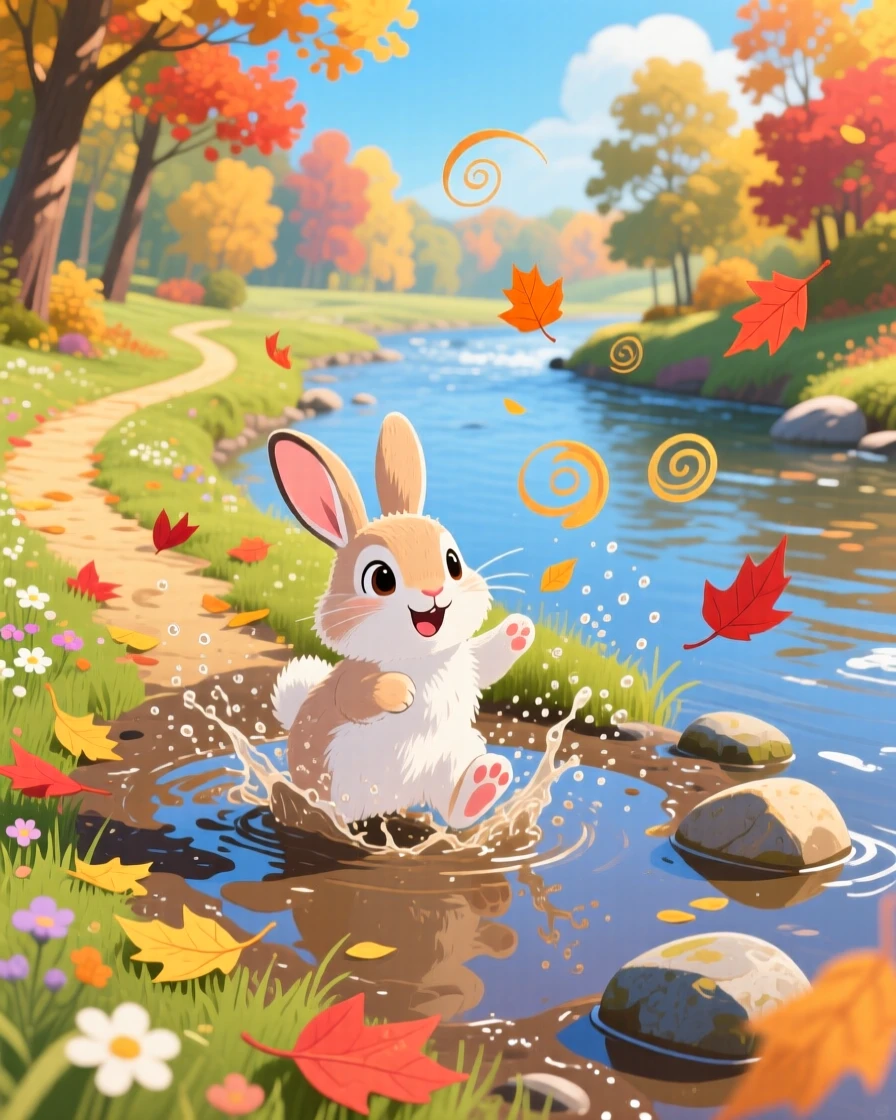 In a babbling riverbank, a curious bunny spends the afternoon splashing through puddles, with a trail of fallen leaves swirling around.