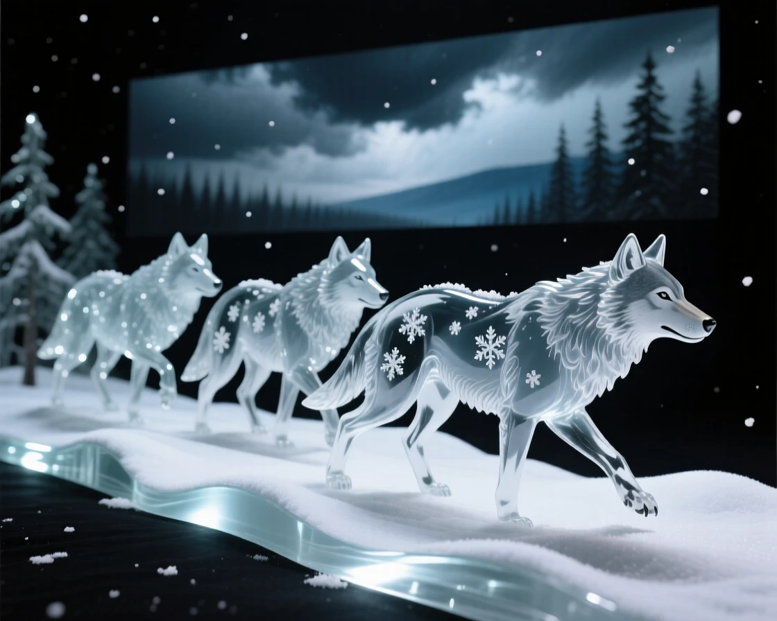 With storm clouds gathering on the far horizon, a pack of wolves moving together through a snowy forest, while snowflakes settle quietly on their fur