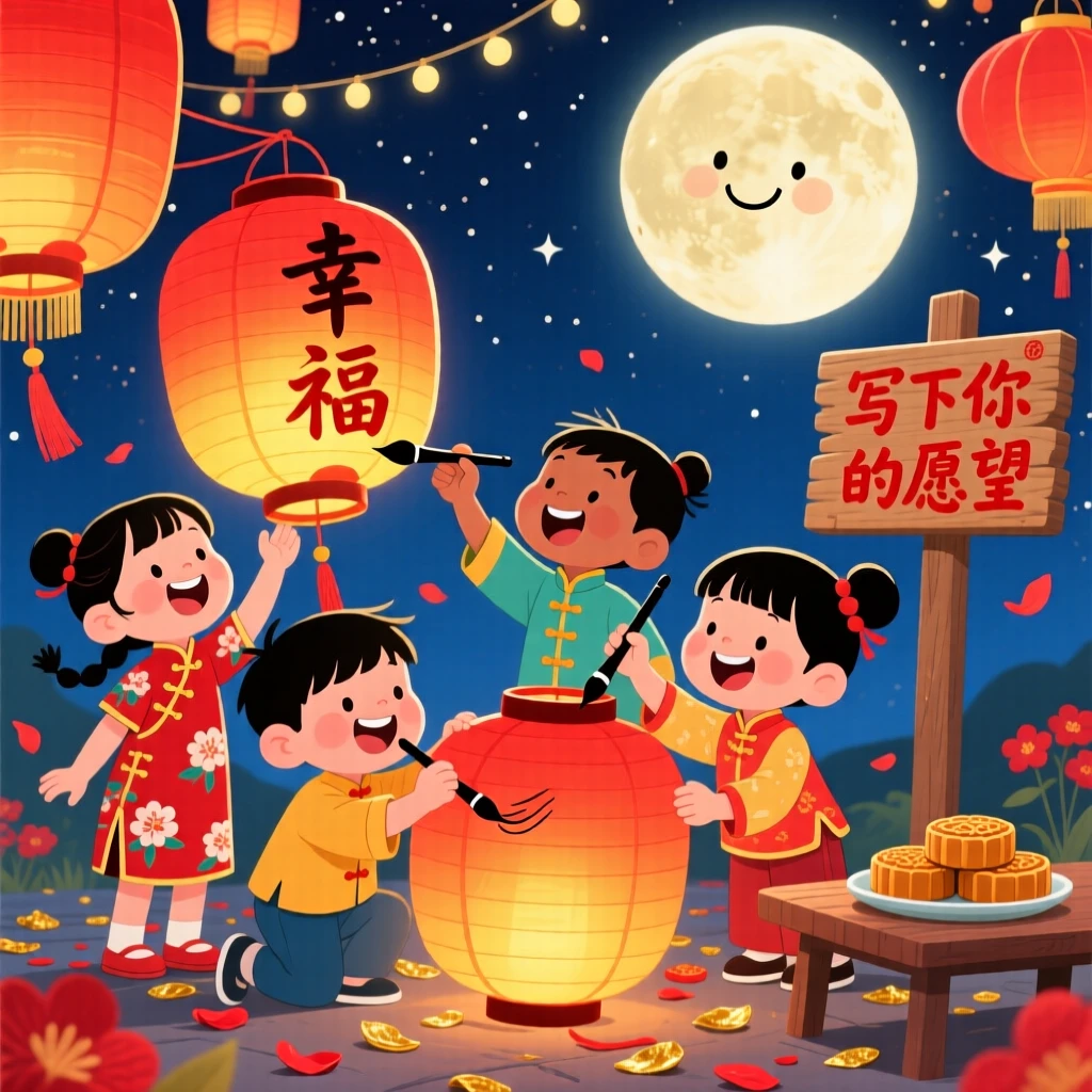 Children in China writing wishes on lanterns for a moon festival.