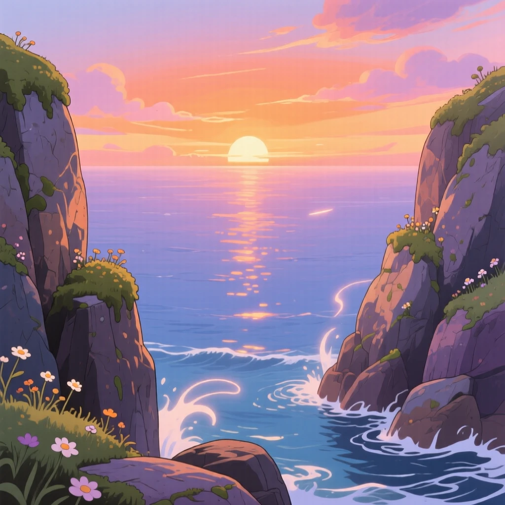 A stunning view of a glowing sunset melting into the horizon over open ocean, framed between two rocky outcrops.
