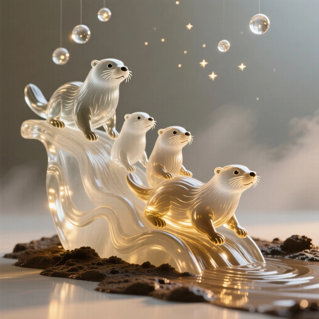A family of otters sliding down a muddy riverbank as golden light breaks through the morning mist, while the first stars begin to appear overhead