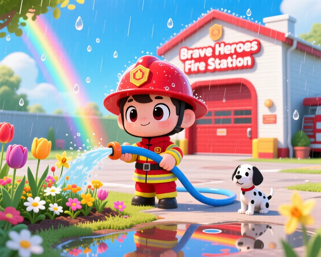 Wide establishing shot of a little firefighter, watering a small garden with a hose like a hero, in a sunny fire station yard, during a gentle spring rain shower, illuminated by bright rainbow-tinted light, radiating brave confidence.
