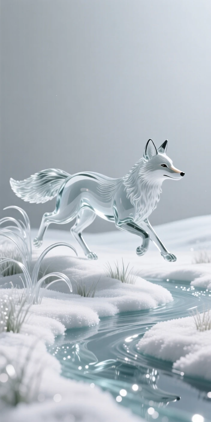 A fox trotting through a field blanketed in fresh snow beside a sparkling stream winding through the valley, while a soft wind stirs the surrounding grass