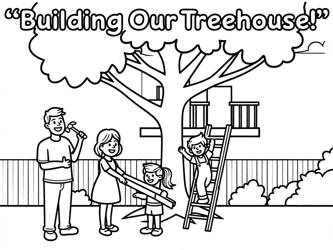 A family building a treehouse together in the backyard