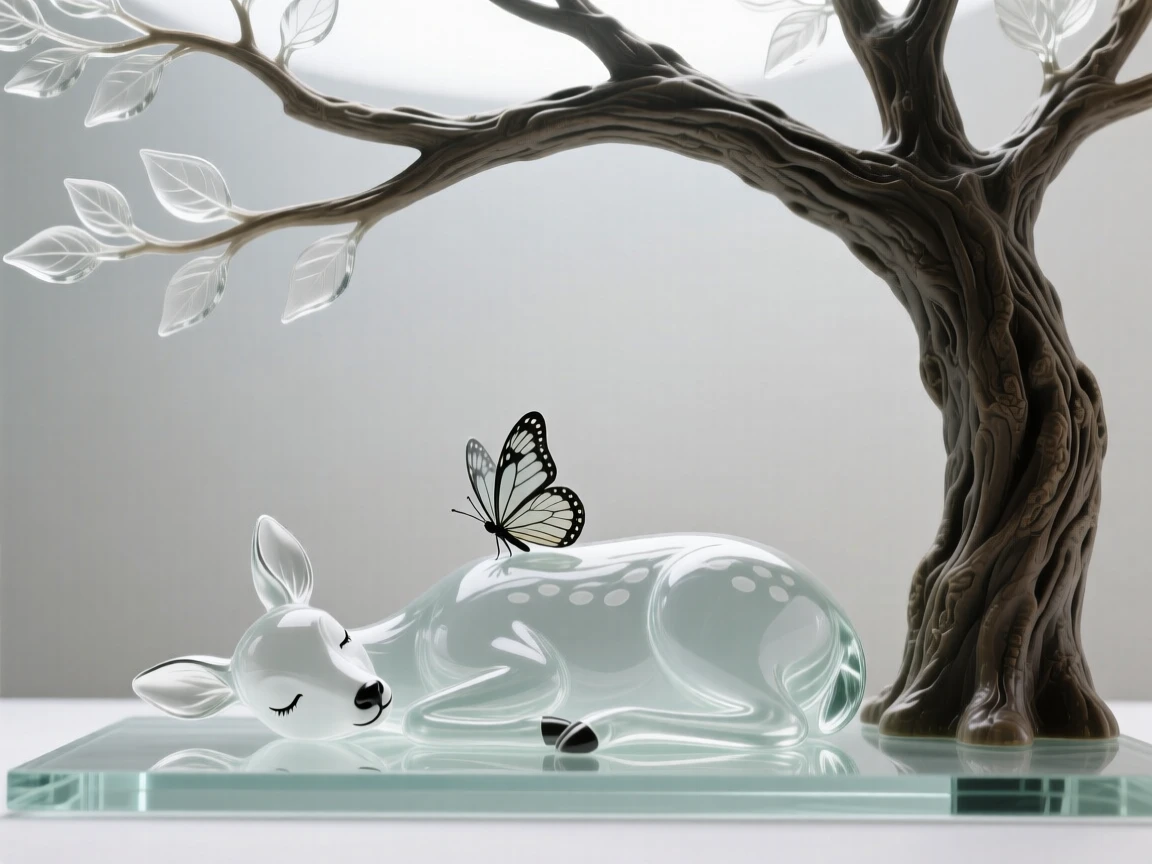 Beneath the outstretched branches of an ancient tree, a butterfly resting on the nose of a sleeping fawn