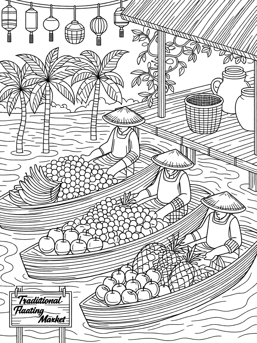 A traditional floating market with boats piled high with fruit.