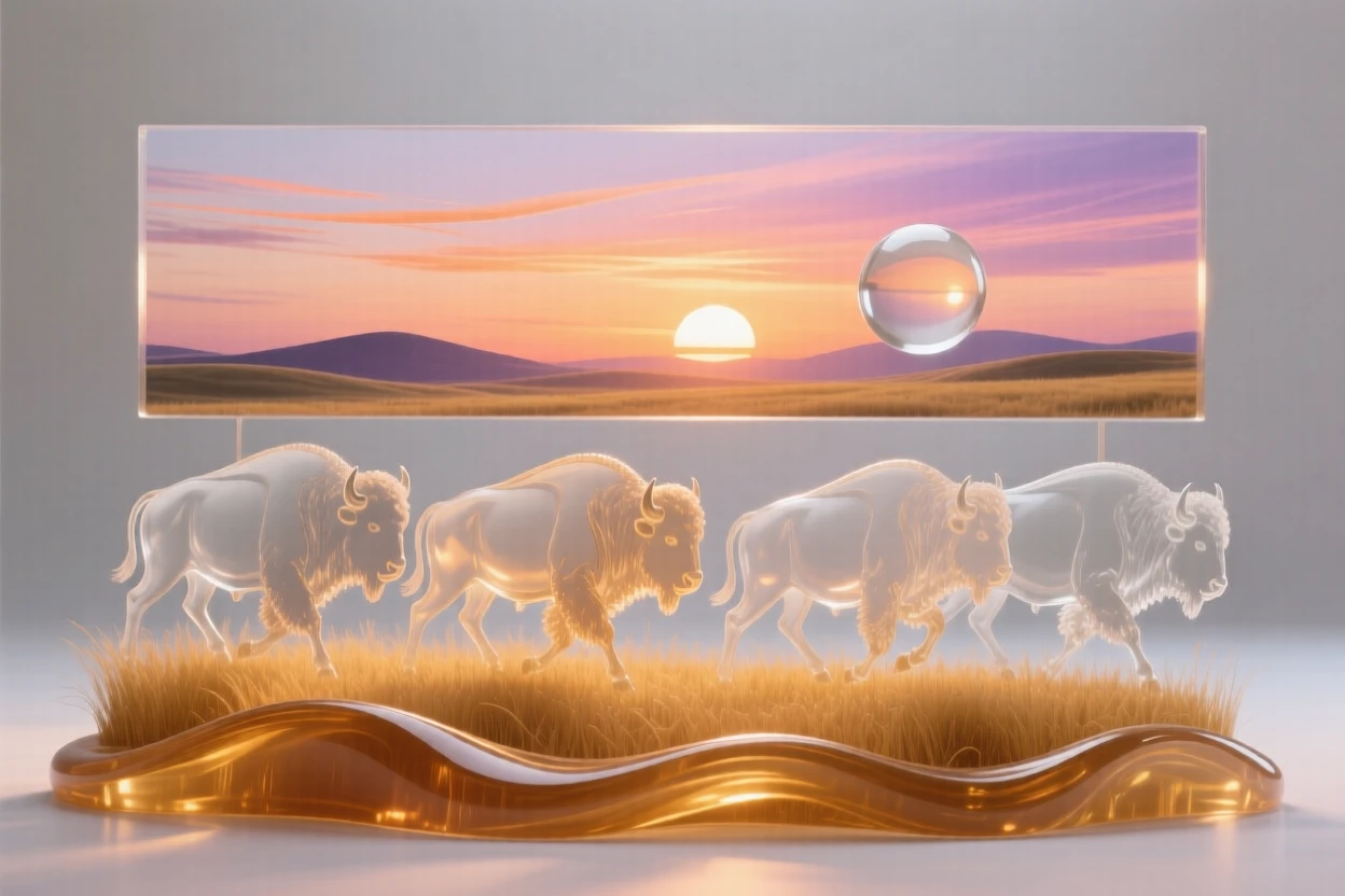A herd of bison moving across a golden prairie beneath a sky streaked with the colors of sunset, while the sun dips slowly below distant hills