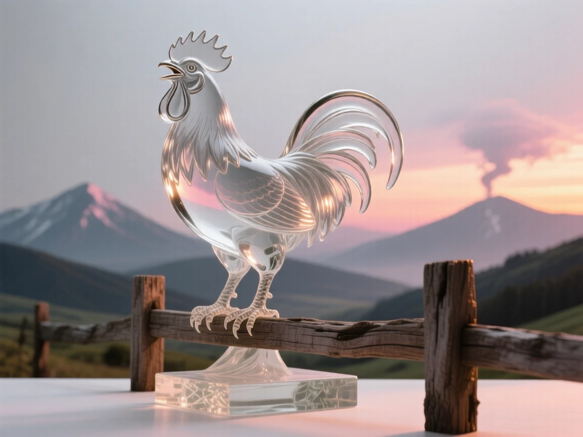With distant mountains rising along the horizon, a rooster crowing atop a weathered fence at sunrise, while the sound of distant thunder rolls across the valley