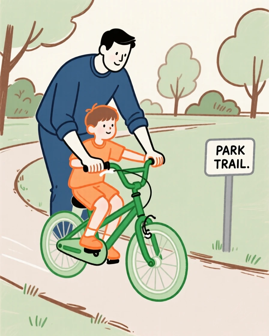 A father teaching his son to ride a bicycle in a park.