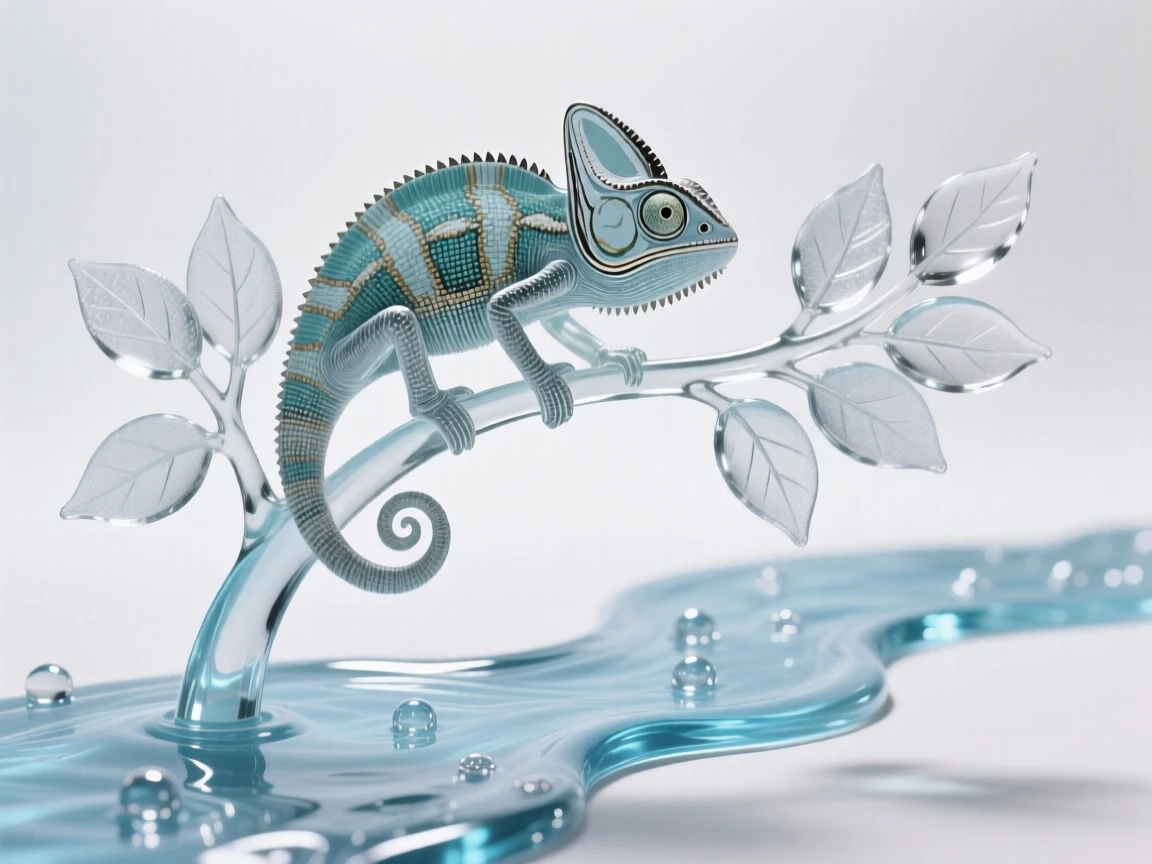 A chameleon perched on a branch surrounded by leaves beside a sparkling stream winding through the valley