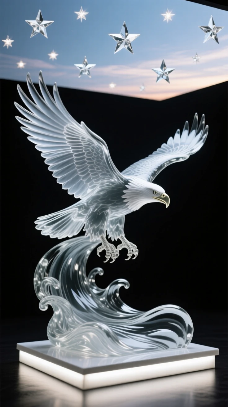 A bald eagle diving toward a rushing river beneath a sky filled with early morning stars, while the first stars begin to appear overhead