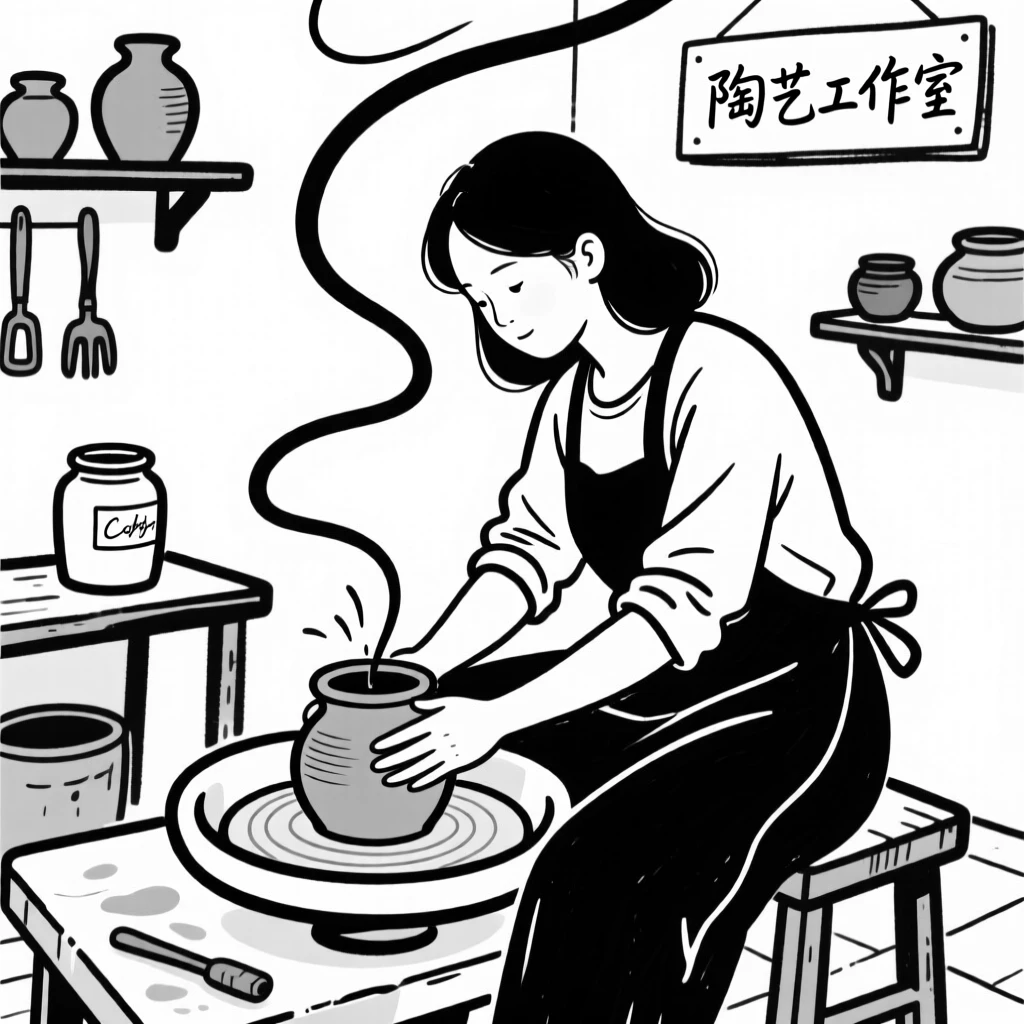 A woman practicing pottery in a small home studio.