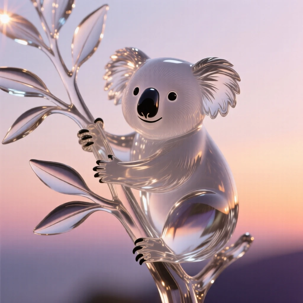 Beneath a sky streaked with the colors of sunset, a koala clinging to a eucalyptus branch