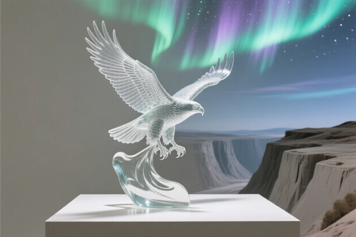 With the northern lights dancing faintly overhead, a hawk circling high above a canyon