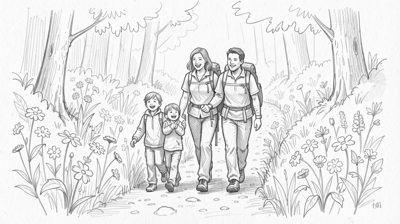 An emotional scene of a family hiking together on a forest trail in a flower-filled garden, filled with warmth and laughter.