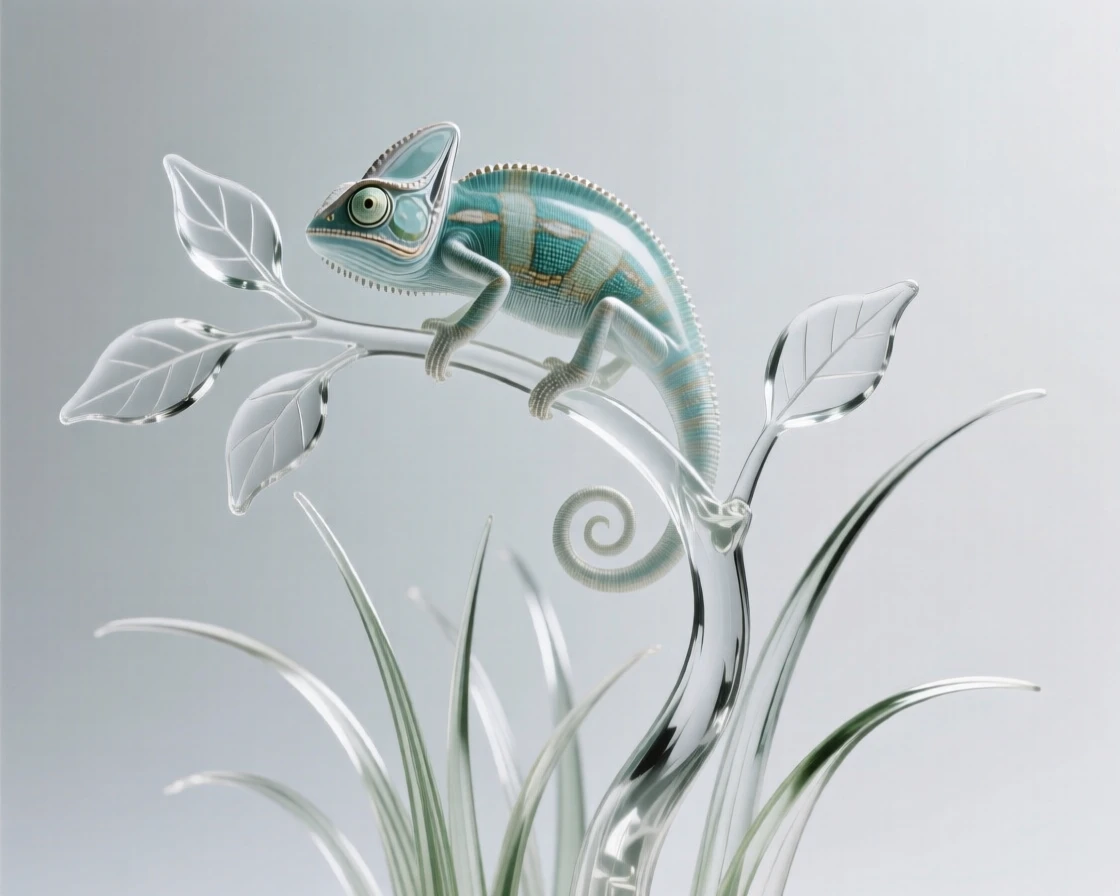 A chameleon perched on a branch surrounded by leaves surrounded by tall grass swaying in the breeze