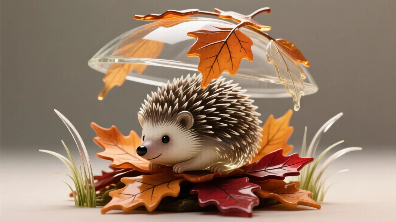 A hedgehog curled beneath a pile of autumn leaves beneath a canopy of autumn leaves drifting to the ground, while a soft wind stirs the surrounding grass