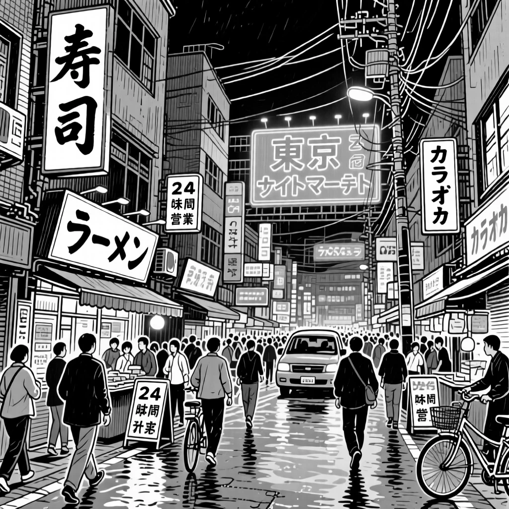 The bustling streets of Tokyo lit by neon signs at night.