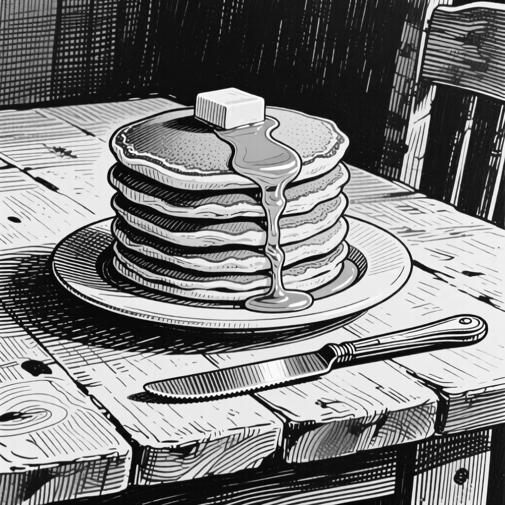 A stack of golden pancakes with syrup set on a farmhouse table, with a knife resting beside it, presented in a quietly nourishing culinary still life.