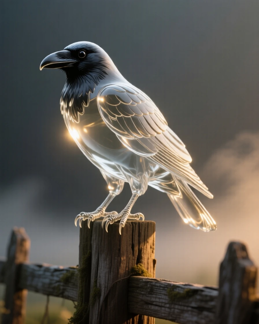 A raven perched on an old wooden fence post as golden light breaks through the morning mist